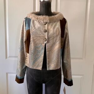 F.L. Malik NWT Cropped Paisley Patchwork Faux Fur Collar Jacket M